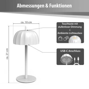 Northpoint LED Umbrella Tischlampe Akku dimmbar Touch Outdoor Indoor warmweiß 2700K 100lm kabellos Tischleuchte Metall IP44 Garten Balkon Terrasse 2er Set weiß