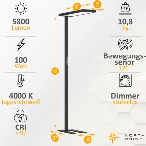 LED Stehlampe 100W mit Bewegungsmelder & Touchsteuerung  5800 Lumen, 4000K - schwarz