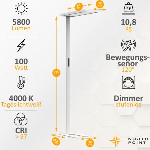 LED Stehlampe 100W mit Bewegungsmelder & Touchsteuerung  195cm hoch 5800 Lumen, 4000K - weiß