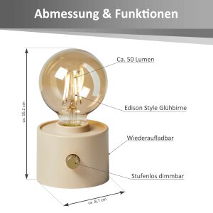 Vintage Akku Glühbirne Edison LED Tischlampe USB-C dimmbar mit Drehschalter  moderne Dekoration 2x Beige