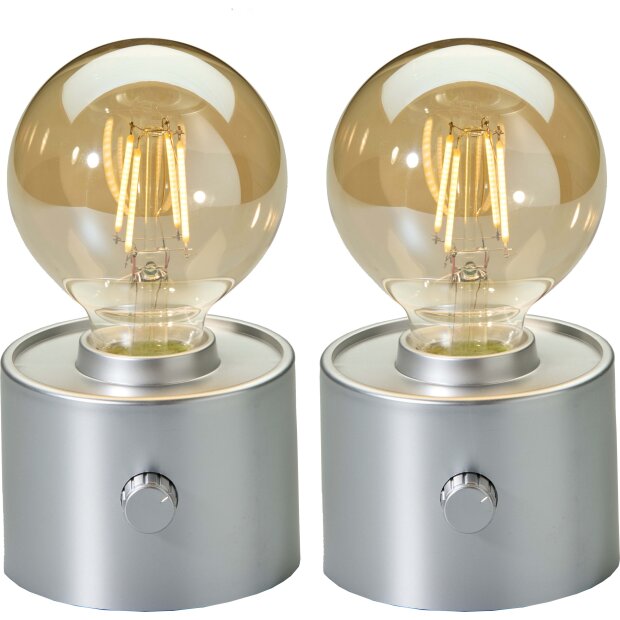 Vintage Akku Glühbirne Edison LED Tischlampe USB-C dimmbar mit Drehschalter  moderne Dekoration 2x Silber matt