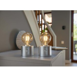 Vintage Akku Glühbirne Edison LED Tischlampe USB-C dimmbar mit Drehschalter  moderne Dekoration 2x Silber matt