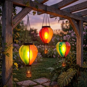 LED Solar Heißluftballon 3er-Set Garten Balkon Terrasse Solarleuchte hängend bunt warmweiß