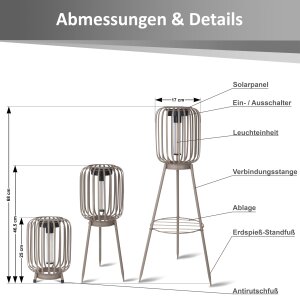 LED Solar Stehleuchte 3in1 Gartenlampe Außenleuchte mit COB LED warmweiß Lichtsensor wetterfest IP44 Solarleuchte Terrasse Balkon Gartenbeleuchtung kabellos beige