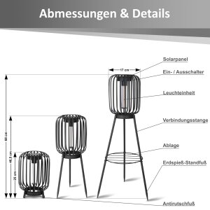 LED Solar Stehleuchte 3in1 Gartenlampe Außenleuchte mit COB LED warmweiß Lichtsensor wetterfest IP44 Solarleuchte Terrasse Balkon Gartenbeleuchtung kabellos schwarz