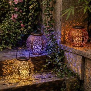 LED Solar Laterne Marrakesh 2er-Set Gartenleuchte Metall warmweiß RGB Solarleuchte Außen - Kupfer