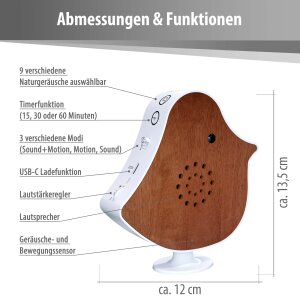 Naturgeräusche Box Vogel Sound Box Echtholz Bewegungsmelder Sound Sensor Timer USB-C Kirschholz