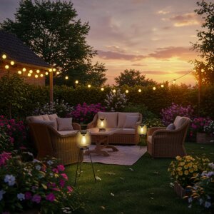 LED Solar Stehlampe Stehleuchte Tischlampe mit warmweißem Licht für den Außenbereich 66cm hoch Netz schwarz