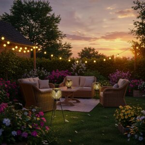 LED Solar Stehlampe Stehleuchte Tischlampe mit warmweißem Licht für den Außenbereich 66cm hoch Streifen schwarz