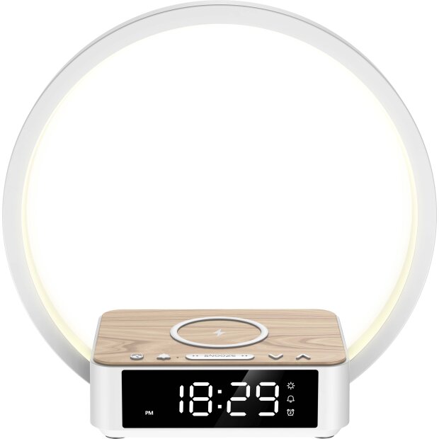 B-Ware LED Lichtwecker mit Sonnenaufgang Simulation, Schlaftimer & Charging Station, Wake Up Licht, Schlummerfunktion, warmweißes Licht 3500K Weiß