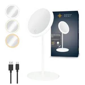 B-Ware LED Akku Kosmetikspiegel 5-fach, 3 Lichtfarben (Warmweiß/Neutralweiß/Tageslichtweiß), stufenlos dimmbar Touch, Metallgehäuse weiß