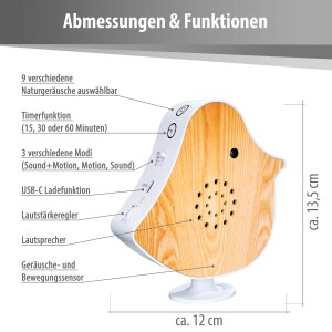 Naturgeräusche Box Vogel Sound Box Echtholz Bewegungsmelder Sound Sensor Timer USB-C Weißescher 2er-Set