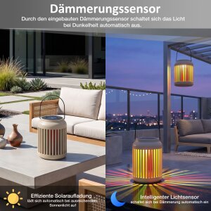 LED Solar Gartenleuchte 2er Set mit Regenbogeneffekt Solarleuchte außen mit Dämmerungssensor IP44 wetterfest warmweiß 3000K tragbar hängbar Balkon Terrasse
