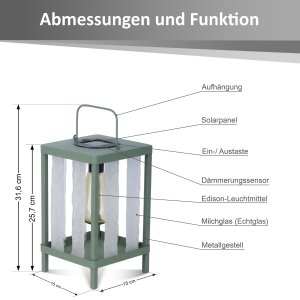 Solar Laterne LED Gartenleuchte Outdoor Tischleuchte warmweiß Dämmerungssensor IP44 wetterfest Metall Echtglas Balkon Terrasse Hängelampe Solarleuchte