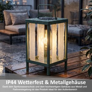 Solar Laterne LED Gartenleuchte Outdoor Tischleuchte warmweiß Dämmerungssensor IP44 wetterfest Metall Echtglas Balkon Terrasse Hängelampe Solarleuchte