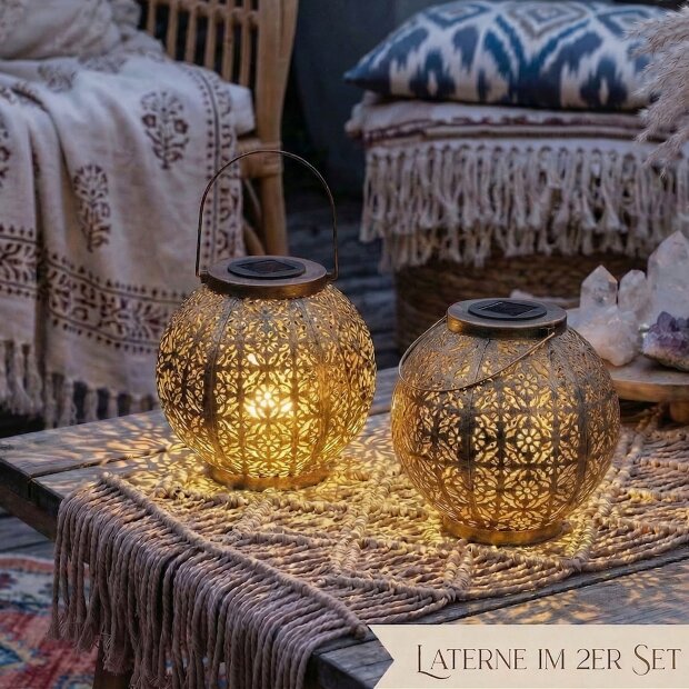 B-Ware LED Solar Laterne Marrakesh 2er-Set Gartenleuchte Metall warmweiß RGB Solarleuchte Außen Boho Deko mit Schattenwurf IP44 Balkon Terrasse Garten Beleuchtung Messing-Finish
