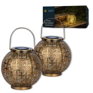 B-Ware LED Solar Laterne Marrakesh 2er-Set Gartenleuchte Metall warmweiß RGB Solarleuchte Außen Boho Deko mit Schattenwurf IP44 Balkon Terrasse Garten Beleuchtung Messing-Finish