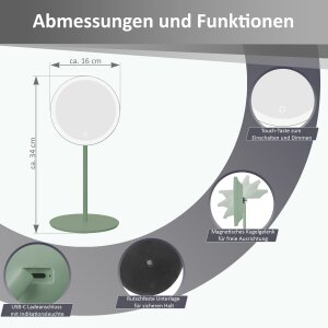 B-Ware LED Akku Kosmetikspiegel 5-fach, 3 Lichtfarben (Warmweiß/Neutralweiß/Tageslichtweiß), stufenlos dimmbar Touch, Metallgehäuse olive