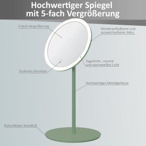 B-Ware LED Akku Kosmetikspiegel 5-fach, 3 Lichtfarben (Warmweiß/Neutralweiß/Tageslichtweiß), stufenlos dimmbar Touch, Metallgehäuse olive