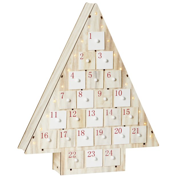 XXL Holz Adventskalender mit LED Beleuchtung Weihnachtsbaum  integrierter Timer 24 feierliche Fächer