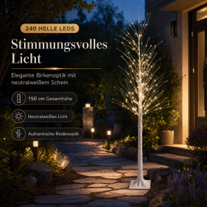 LED-Lichtbaum Birkenoptik 150 cm - 240 neutralweiße LEDs, Timer, IP44 für innen & außen